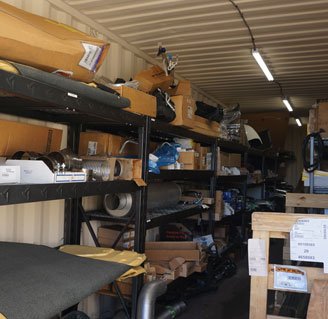 Shelves of truck parts stocked in house at the Manchester facility